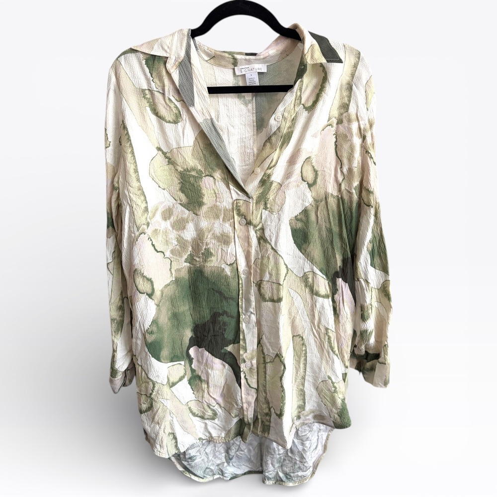 Nordstrom‎ Signature Resortwear Button Up Viscose Shirt S Green Beige S